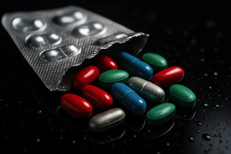 Assorted colorful pills, including red, blue, green, and silver, spilling from a torn blister pack onto a dark, wet, reflective surface. medicine, healthcare, and pharmacy concept.の素材