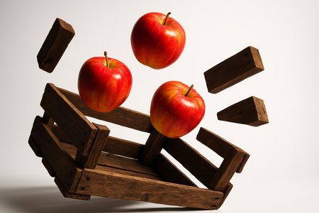 Three vibrant red and yellow apples and rustic wooden crate pieces suspended in dynamic motion, suggesting explosion or deconstruction. studio shot on white background.の素材
