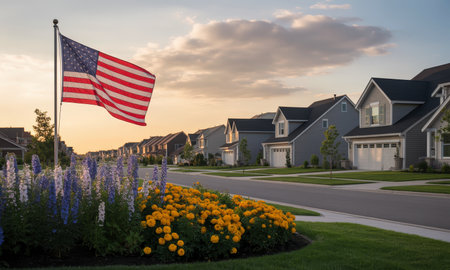 American flag proudly waving on a flagpole in a peaceful suburban neighborhood street lined with modern houses and vibrant flowers during golden hour sunset.の素材
