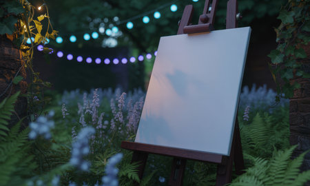 Blank white canvas on a dark wooden easel stands in a lush garden at dusk, illuminated by colorful string lights, ferns, and purple flowers.の素材