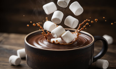 White marshmallows falling into a dark ceramic mug filled with hot chocolate, creating a splash. steam rises from the warm drink on a rustic wooden surface.の素材
