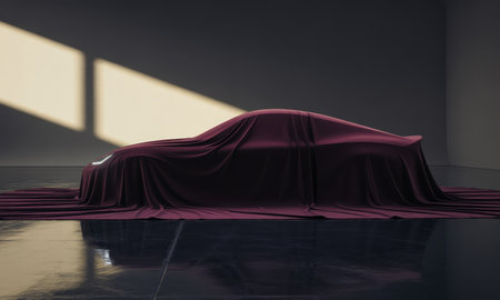 Sleek luxury car completely covered by a deep burgundy fabric sheet in a modern studio, creating anticipation for its grand reveal. reflective floor and window light add to the dramatic atmosphere.の素材