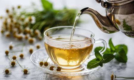 Golden herbal tea pouring from a silver teapot into a clear glass teacup. chamomile flowers and fresh mint leaves surround the warm beverage on a marble surface, evoking comfort and natural wellness.の素材