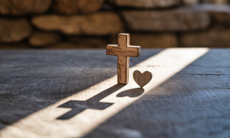 Small wooden cross and heart standing on a textured wooden surface, with a long shadow extending across the table. represents faith and love.の素材