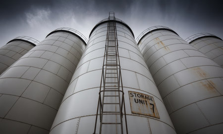 Tall white industrial storage silos with a prominent ladder and a storage unit 7 sign, viewed from a low angle against a dramatic, dark, and cloudy sky. represents industry, energy, and infrastructure.の素材