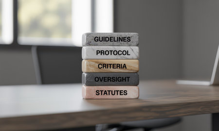 Five stacked stone blocks displaying guidelines, protocol, criteria, oversight, and statutes, symbolizing rules, compliance, and governance.の素材