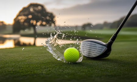 Neon yellow golf ball being struck by a golf club, creating a dynamic water splash on a green golf course at sunrise. focus on precision and power in sport.の素材