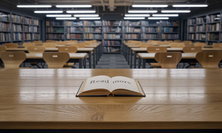 Open book with read more text on a light wooden table in a quiet, empty library study hall. bookshelves and rows of desks fill the background, symbolizing education and knowledge.の素材