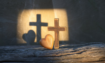 Wooden christian cross and heart casting long shadows on a dark, textured surface, symbolizing faith, love, and devotion.の素材