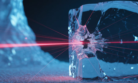 Red laser beam piercing through a clear ice block, creating a dramatic impact point with radiating cracks and shattered fragments. cold, scientific concept.の素材