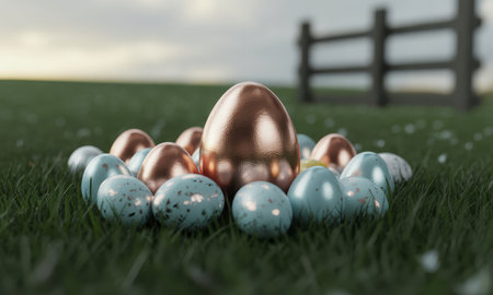 Rose gold easter egg surrounded by blue speckled eggs on vibrant green grass, symbolizing spring, wealth, and new beginnings. ideal for holiday themes.の素材