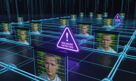 Malware detected warning signs on a futuristic digital network grid with glowing data streams and multiple screens displaying human faces, symbolizing data breach and cybersecurity threats.の素材