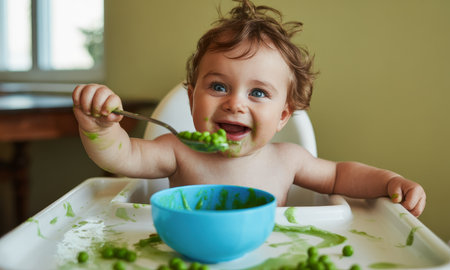 Happy baby boy with blue eyes and brown curly hair, sitting in a high chair, eating green peas with a spoon, creating a joyful mess.の素材