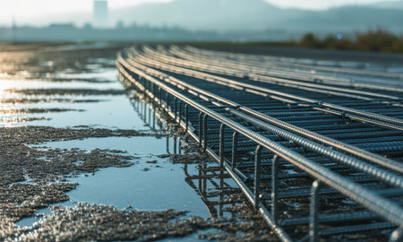 Wet steel rebar mesh on an asphalt surface, reflecting the sun in puddles after rain, ready for concrete pouring.の素材