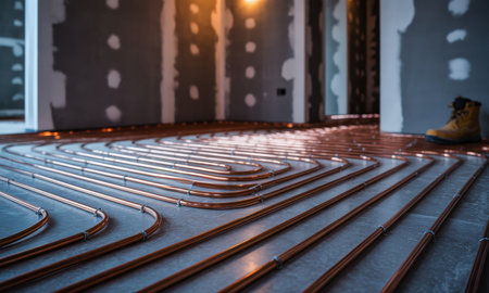 Copper pipes for an underfloor heating system are meticulously laid out on a concrete floor in a room under construction, showcasing modern building technology.の素材