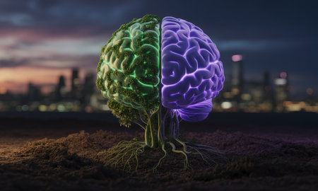 Conceptual image of a human brain as a tree, featuring a vibrant green, organic hemisphere and a glowing purple, technological hemisphere, set against a blurred urban skyline.の素材