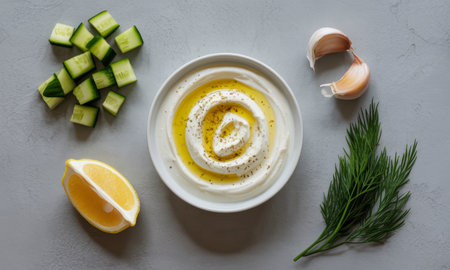 Fresh greek yogurt dip with olive oil and herbs in a white bowl, accompanied by diced cucumber, lemon, garlic, and dill.の素材