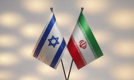 Two national flags, israel and iran, prominently displayed side by side, representing geopolitical relations, diplomacy, and potential conflict.の素材