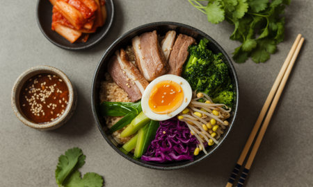 Korean bibimbap bowl featuring sliced meat, a soft boiled egg, fresh broccoli, bean sprouts, and red cabbage over rice, served with kimchi and sauce on a grey surface.の素材