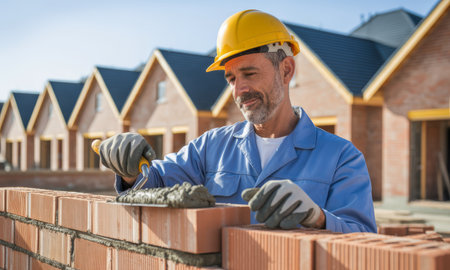 Professional bricklayer wearing a hard hat and gloves, meticulously laying bricks and applying mortar to build a wall at a new residential construction site with houses in the background.の素材