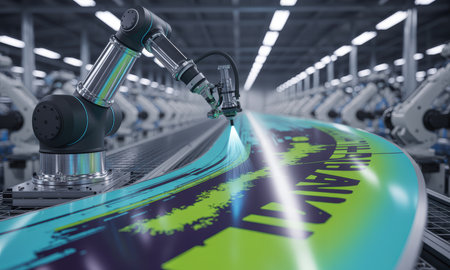 Automated robotic arm precisely paints a colorful snowboard on a production line in a high tech manufacturing facility, showcasing industrial automation and efficiency.の素材