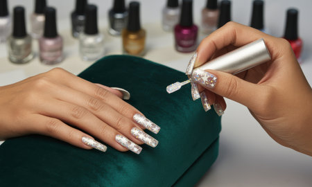 Woman hands with long, square nails receiving a sparkling glitter snowflake nail art application. focus on the manicure process with polish bottles in background.の素材