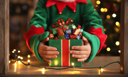 Child hands in green and red elf costume holding a large christmas gift box overflowing with small colorful presents and chocolates, surrounded by festive lights.の素材
