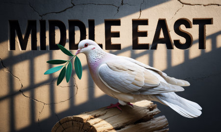 White dove holding an olive branch, perched on a log, against a cracked wall with MIDDLE EAST carved, symbolizing peace and hope for the region.の素材