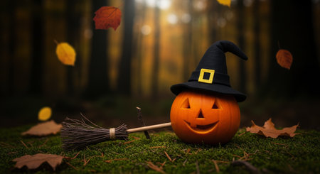 Smiling jack o lantern pumpkin wearing a witch hat and resting next to a broomstick on a mossy forest floor with falling autumn leaves.の素材