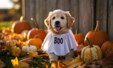 Golden retriever puppy wearing a white ghost costume with BOO text, sitting among colorful autumn leaves and various pumpkins, perfect for halloween.の素材