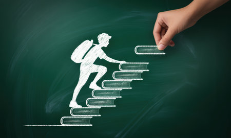 Student silhouette climbing a book staircase on a green chalkboard, a hand building the next step, representing educational journey and personal development.の素材