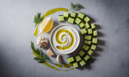 Creamy greek tzatziki dip in a white bowl with olive oil and dill, surrounded by fresh chopped cucumber, lemon wedge, and garlic cloves on a grey surface.の素材