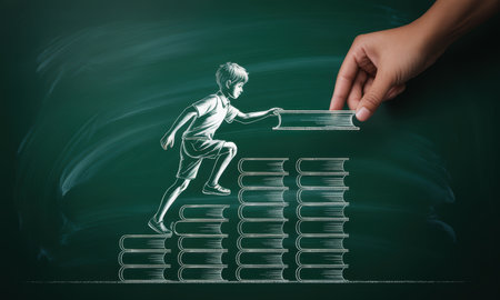 Chalk drawing on a green chalkboard showing a boy climbing a staircase of books, with a hand placing the final book. concept of education, learning, growth, and support.の素材