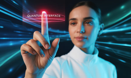 Woman hand interacting with a glowing quantum interface hologram, symbolizing advanced future technology and digital innovation.の素材