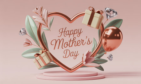 Happy mother day message inside a rose gold heart frame, adorned with elegant gifts, delicate flowers, a shiny balloon, and sparkling diamonds on a soft pink podium.の素材