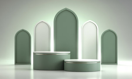 Sage green cylindrical display podiums and elegant arched structures create a minimalist islamic product showcase scene. ideal for presentations and promotions.の素材