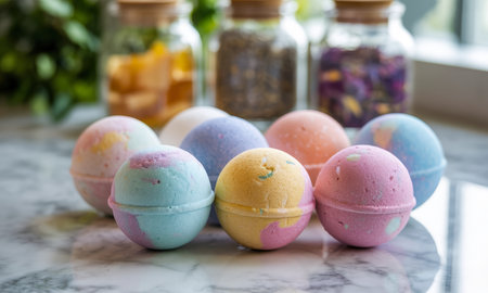 Assortment of vibrant bath bombs in pastel colors arranged on a white marble surface, with blurred glass jars of botanical ingredients in the background, evoking relaxation and self care.の素材