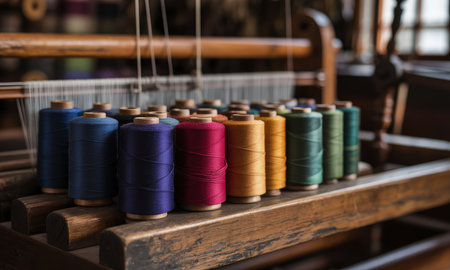 Multiple colorful spools of thread neatly arranged on a classic wooden loom, ready for the intricate process of textile weaving and production.の素材