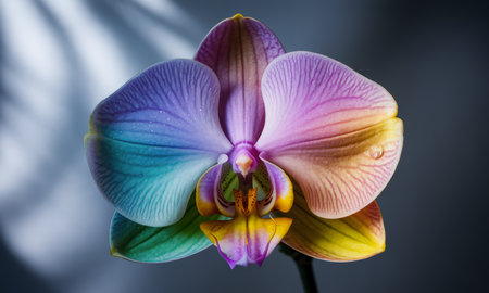 Multi colored orchid flower with petals in shades of lavender, aqua green, soft peach, lemon yellow, and rose pink. a single water droplet glistens on a petal, set against a dark background.の素材