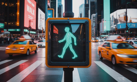 Green pedestrian crosswalk signal displaying a walking figure at a bustling city intersection with yellow taxis and tall buildings. urban life and movement.の素材