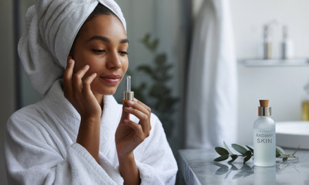 Young african american woman in a white bathrobe and towel applying facial serum with a dropper in a modern bathroom, focusing on healthy, radiant skin.の素材