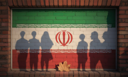 Iranian flag painted on a brick wall with shadows of diverse individuals, including a woman in a headscarf, and a fallen maple leaf, representing concepts of human rights, freedom, and protest.の素材