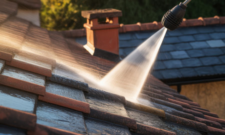 High pressure water jet from a power washer nozzle cleaning dirty terracotta and slate roof tiles, removing grime and moss during home maintenance.の素材