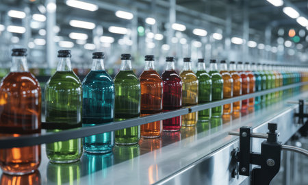 Vibrant colorful glass bottles filled with various liquids moving along a modern production line conveyor belt in a beverage factory.の素材