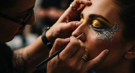 Professional makeup artist applies intricate theatrical makeup to a woman face, featuring bold yellow and blue eyeshadow with sparkling silver glitter details.の素材