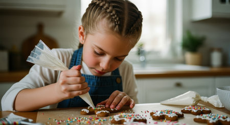Young girl with braided hair carefully decorating gingerbread cookies with white icing and colorful sprinkles on a table in a bright kitchen.の素材