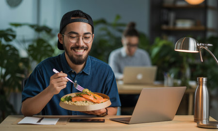 Young asian man with a beard and glasses happily eating a healthy meal of salmon and quinoa at his office desk. focus on healthy lifestyle and work life balance.の素材