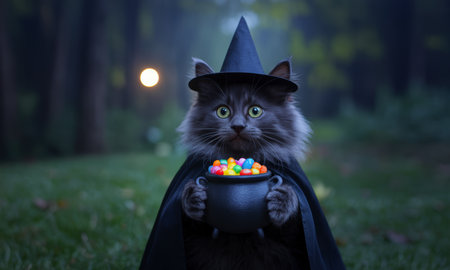 Fluffy black cat dressed in a witch hat and cape, holding a small cauldron filled with colorful candies. perfect for halloween, trick or treat, and festive autumn themes.の素材