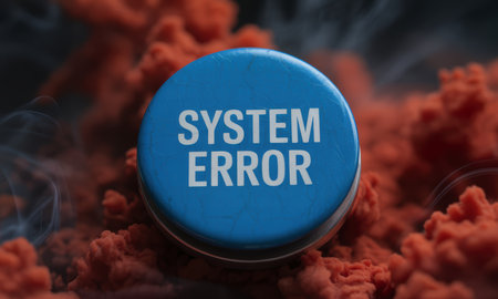 Blue button with system error text, centrally placed amidst swirling red smoke and dark, ominous background. represents digital failure, malfunction, and critical alert.の素材