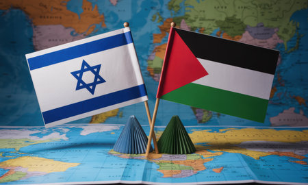 Flags of israel and palestine stand on a world map, representing the complex geopolitical situation, conflict, and the ongoing pursuit of peace in the middle east.の素材